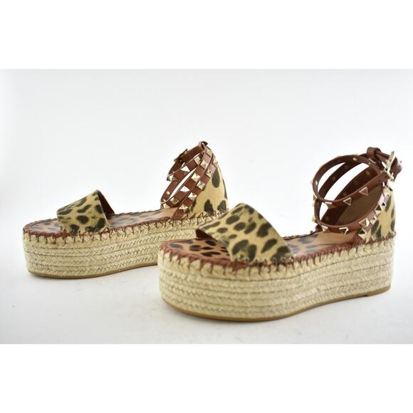 Valentino Rockstud Leopard Black Ankle Strap Platform Espadrille Wedge Sandal 38 - Picture 9 of 11